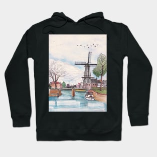 De Adriaan Windmill Haarlem Netherlands Watercolor Ink Travel Art Hoodie